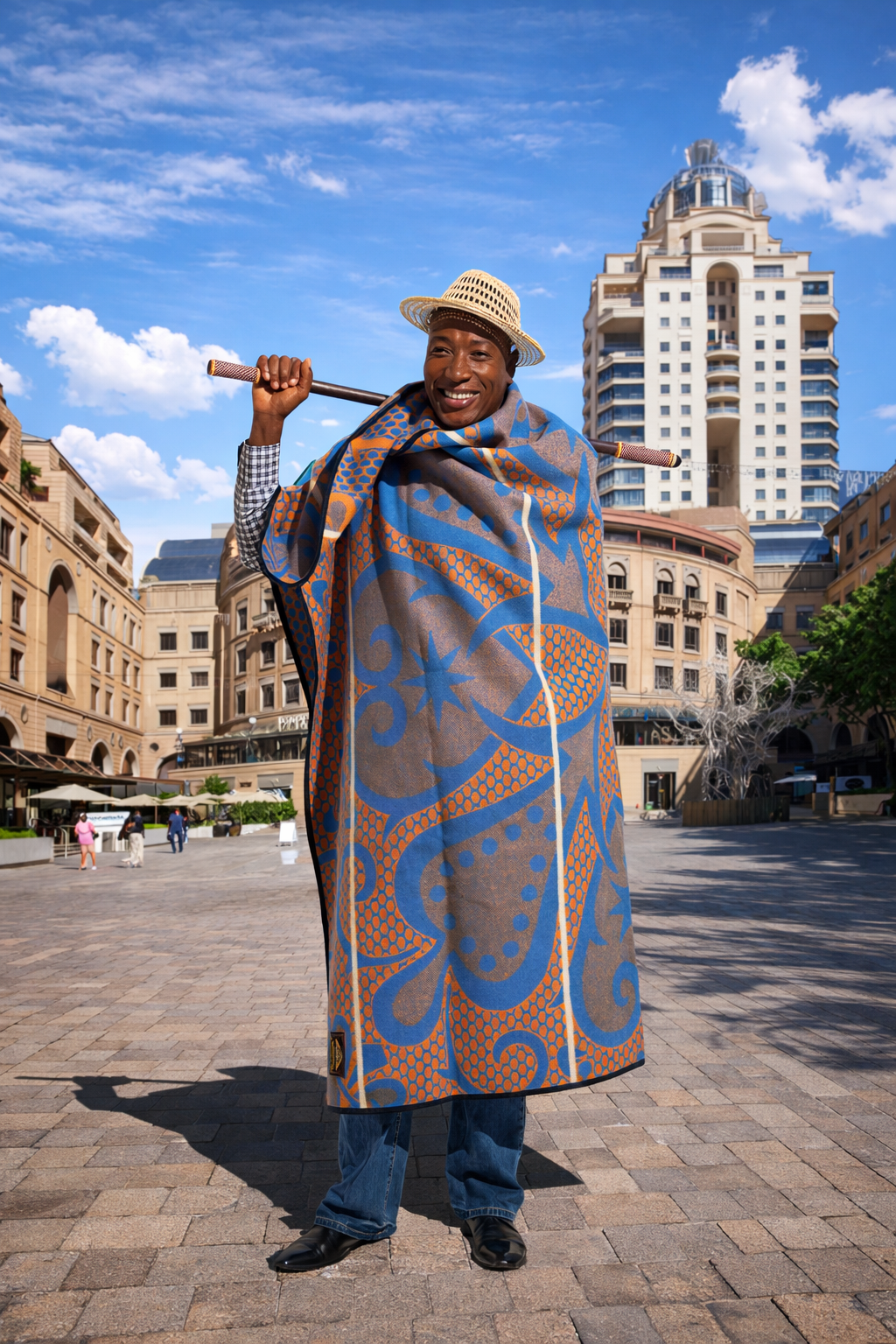 Man in Basotho blanket in urban plaza Man in Basotho blanket in urban plaza